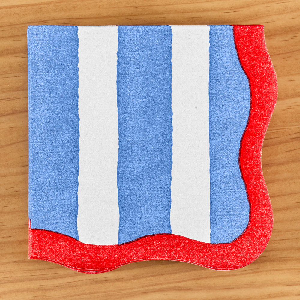 Caspari Paper Linen Napkins, Scalloped Blue/Red Café Stripe