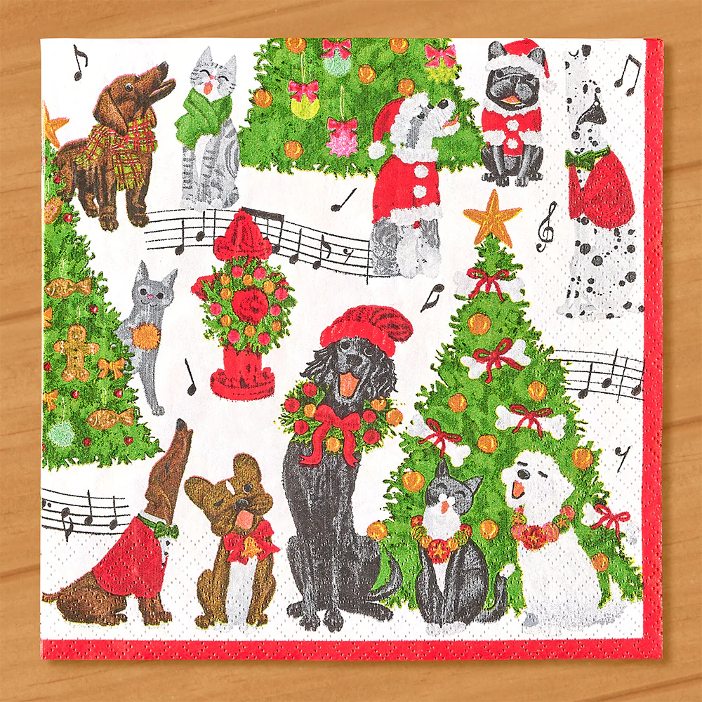Caspari Paper Napkins, Christmas Caroling Pets - Image 3