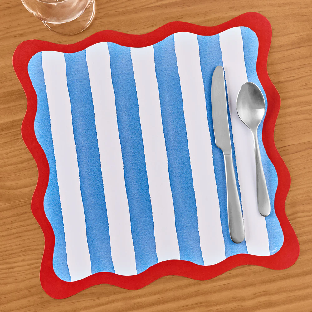 Caspari Paper Placemats, Scalloped Blue/Red Café Stripe