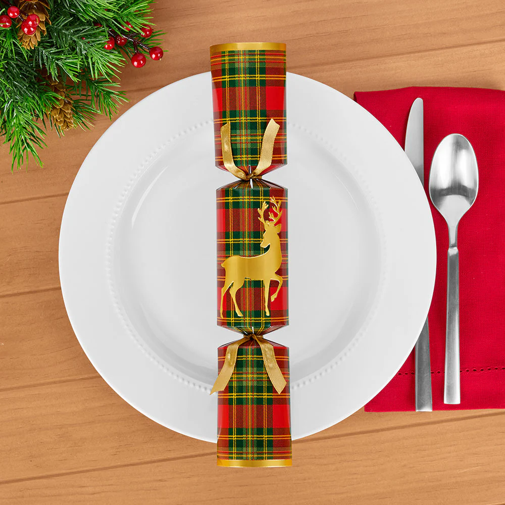 Caspari Party Crackers, Christmas Reindeer on Red Tartan - Image 2
