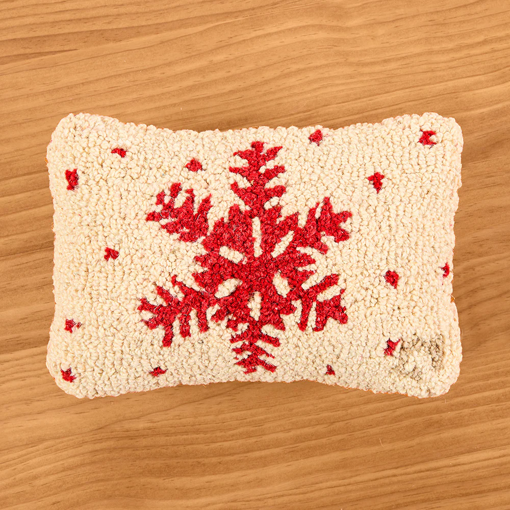 Chandler 4 Corners 12" x 8" Hooked Wool Pillow, Red on White Snowflake
