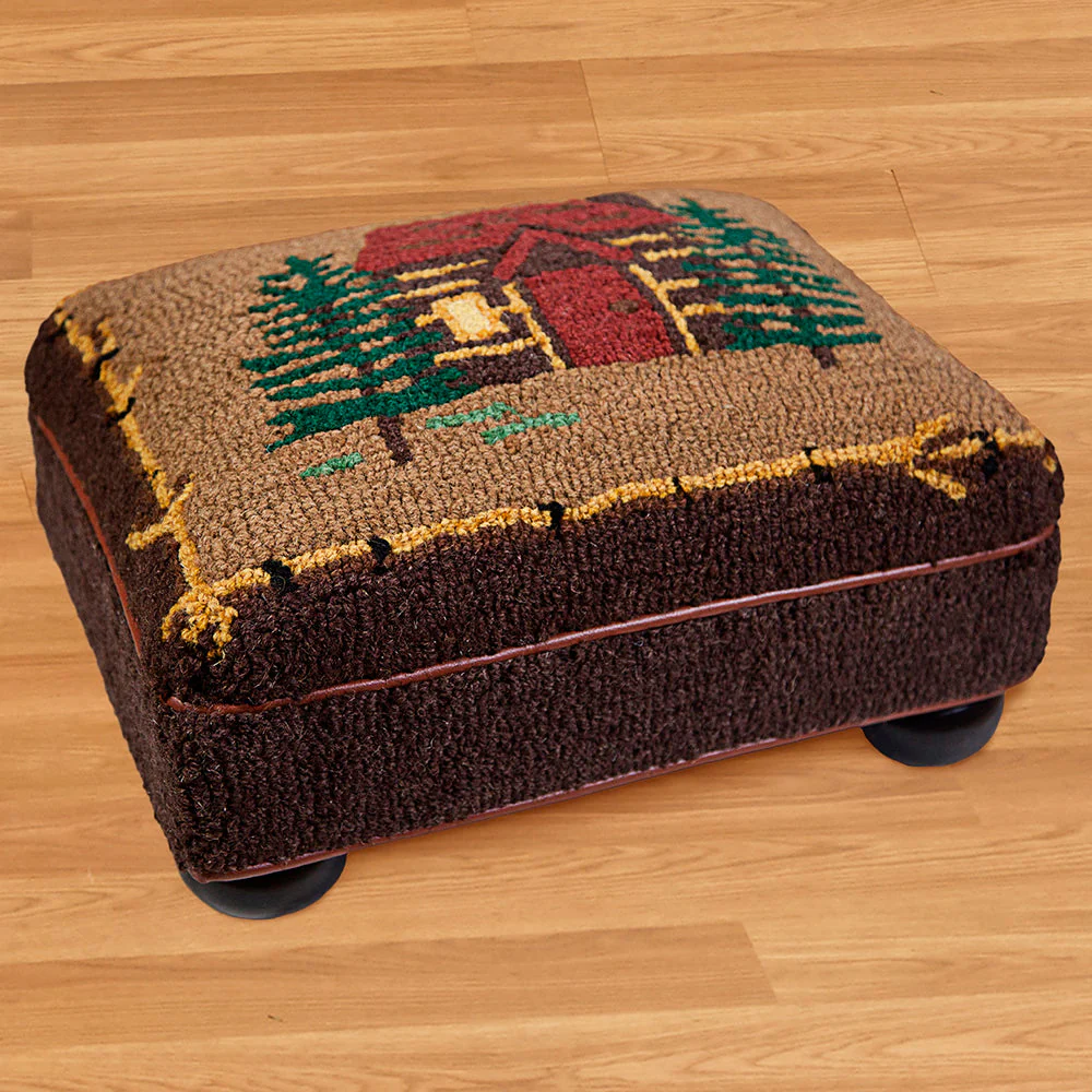 Chandler 4 Corners 14" x 18" Hooked Top Footstool, Cabin in the Woods