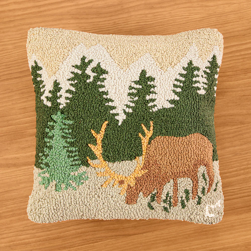 Chandler 4 Corners 18" Hooked Wool Pillow, Mountain Elk