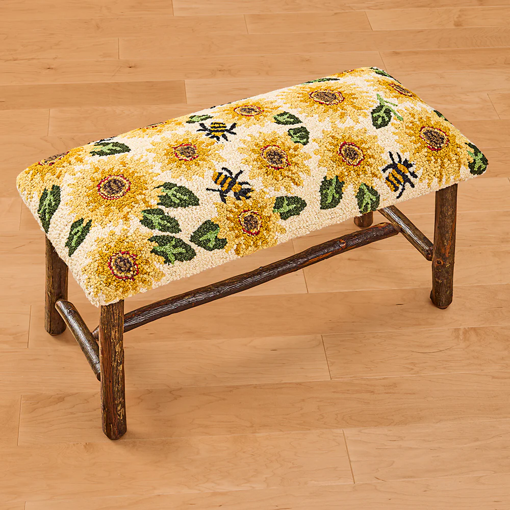 Chandler 4 Corners 32" Hooked Wool Top Hickory Bench, Sunflowers and Bees - Image 2