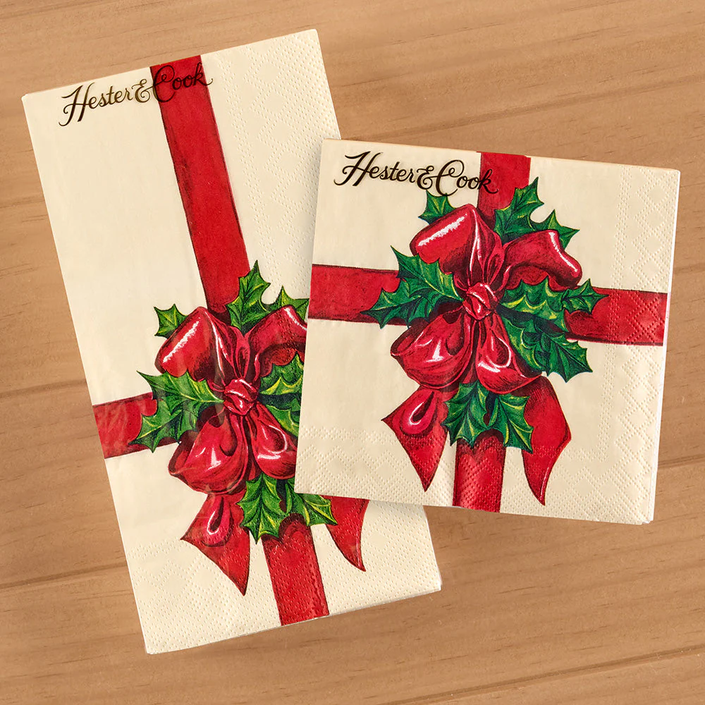 Hester & Cook Paper Napkins, Christmas Present Bow and Holly - Image 2