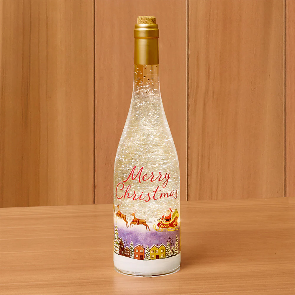 LED Snow Globe Wine Bottle – Santa Over Town