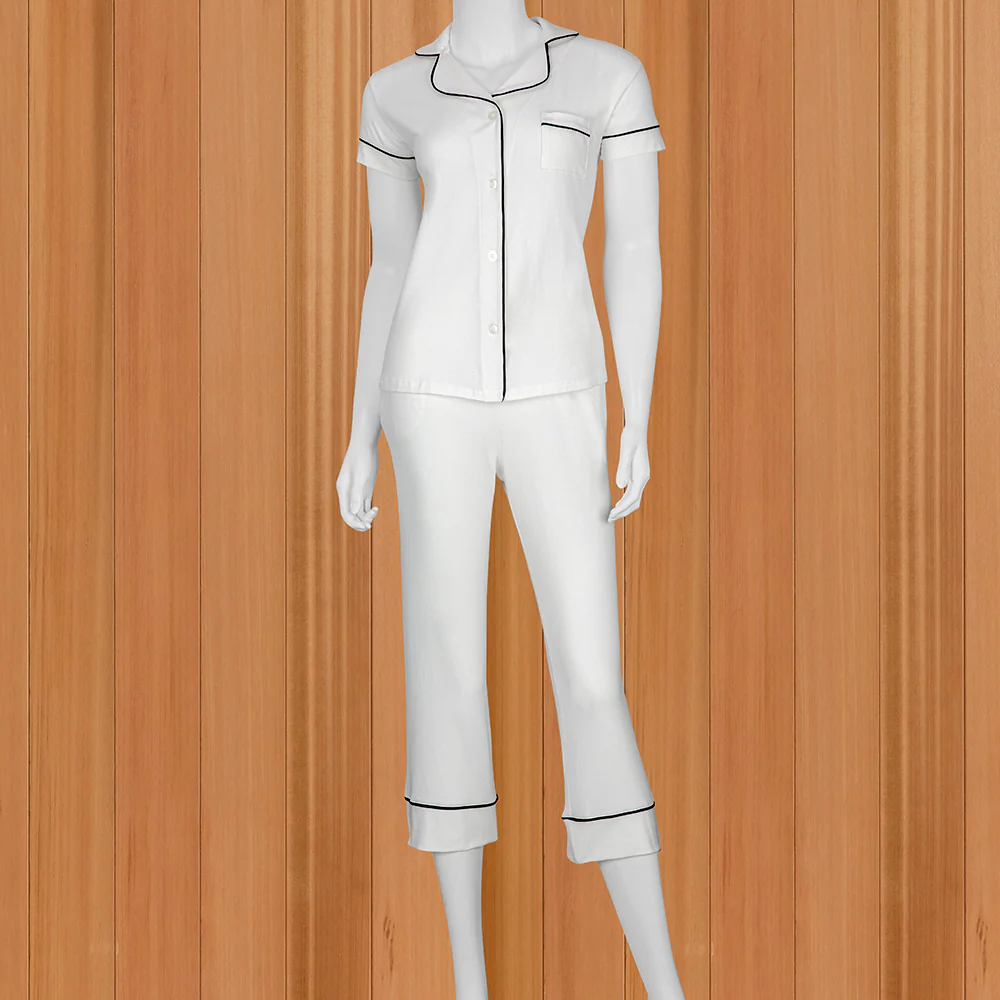 The Cat's Pajamas Women's Pima Knit Capri Set, Ivory & Navy - Image 2