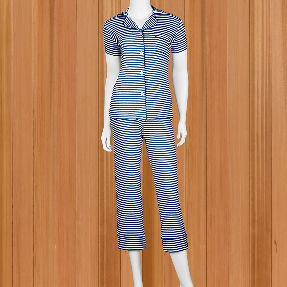 The Cat's Pajamas Women's Pima Knit Capri Set, Navy Essential Stripe - Image 2